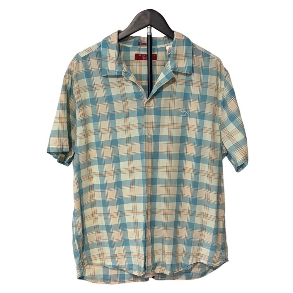 Original Penguin Mens Large Blue Plaid Button Front Camp Collar Shirt Slim Fit